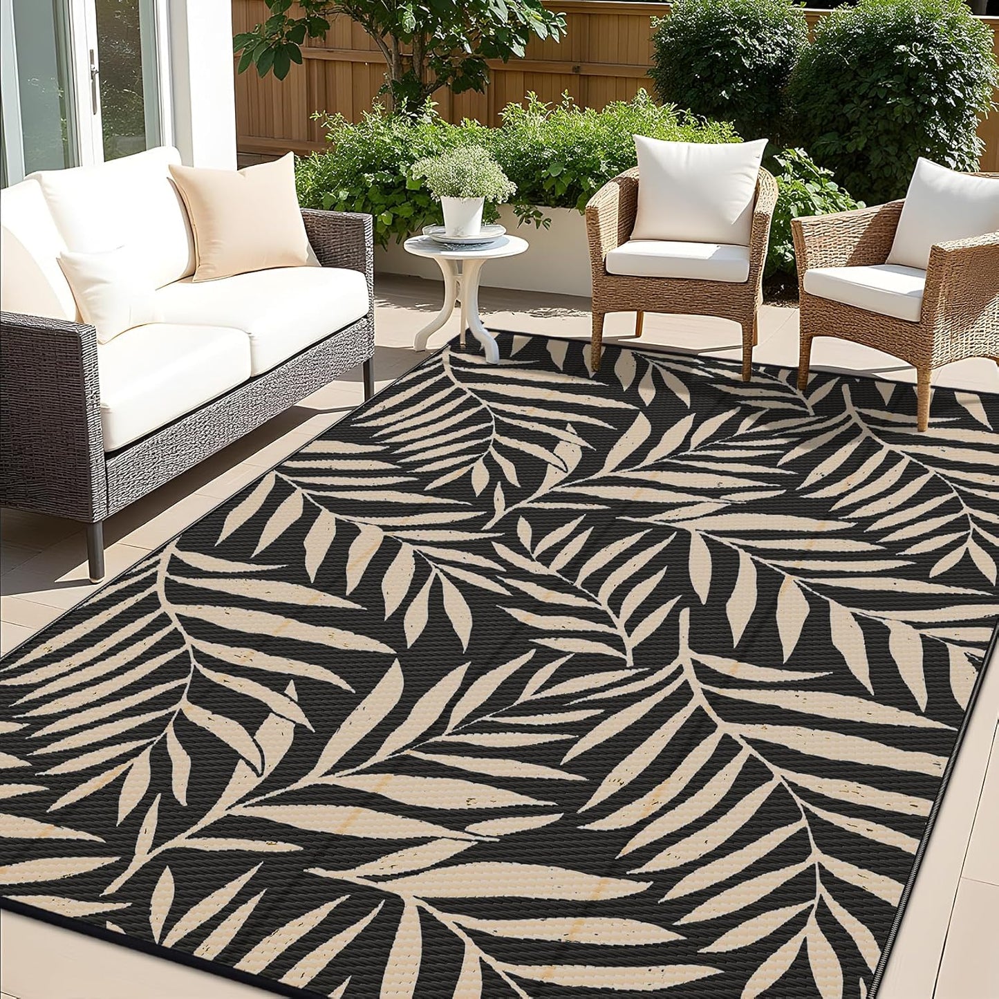 OLANLY Waterproof Outdoor Rug 9x12 ft, Reversible Outdoor Plastic Straw Rug with Leaf Pattern, RV Mat, Indoor Outdoor Carpet for Patio, Camping, Balcony, Deck, Backyard, Black & Beige