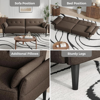 89” Futon Sofa Bed, Linen Comfy Futon Couch Bed with 2 Square Pillows, Convertible Sleeper Sofa with Adjustable Backrest& Armrests, Modern Loveseat Sleeper for Living Room, Bedroom, Brown
