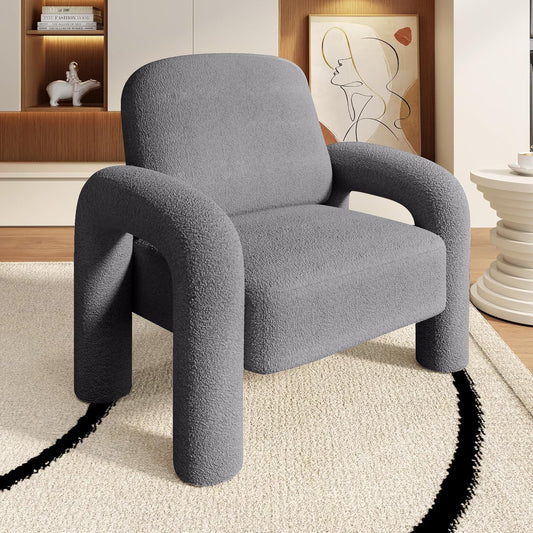 Modern Sherpa Accent Chair, Teddy Upholstered Arm Single Sofa, Cozy Fluffy Reading Chair for Living