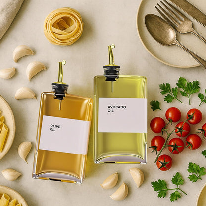 Olive Oil Dispenser Bottle - Includes 44 Kitchen Essential Labels - Cooking Oil Bottles for Kitchen, Coffee Syrup Dispenser - Pourer Spout with 11.8 fl oz Glass Container Cruet - 2pcs, Gold