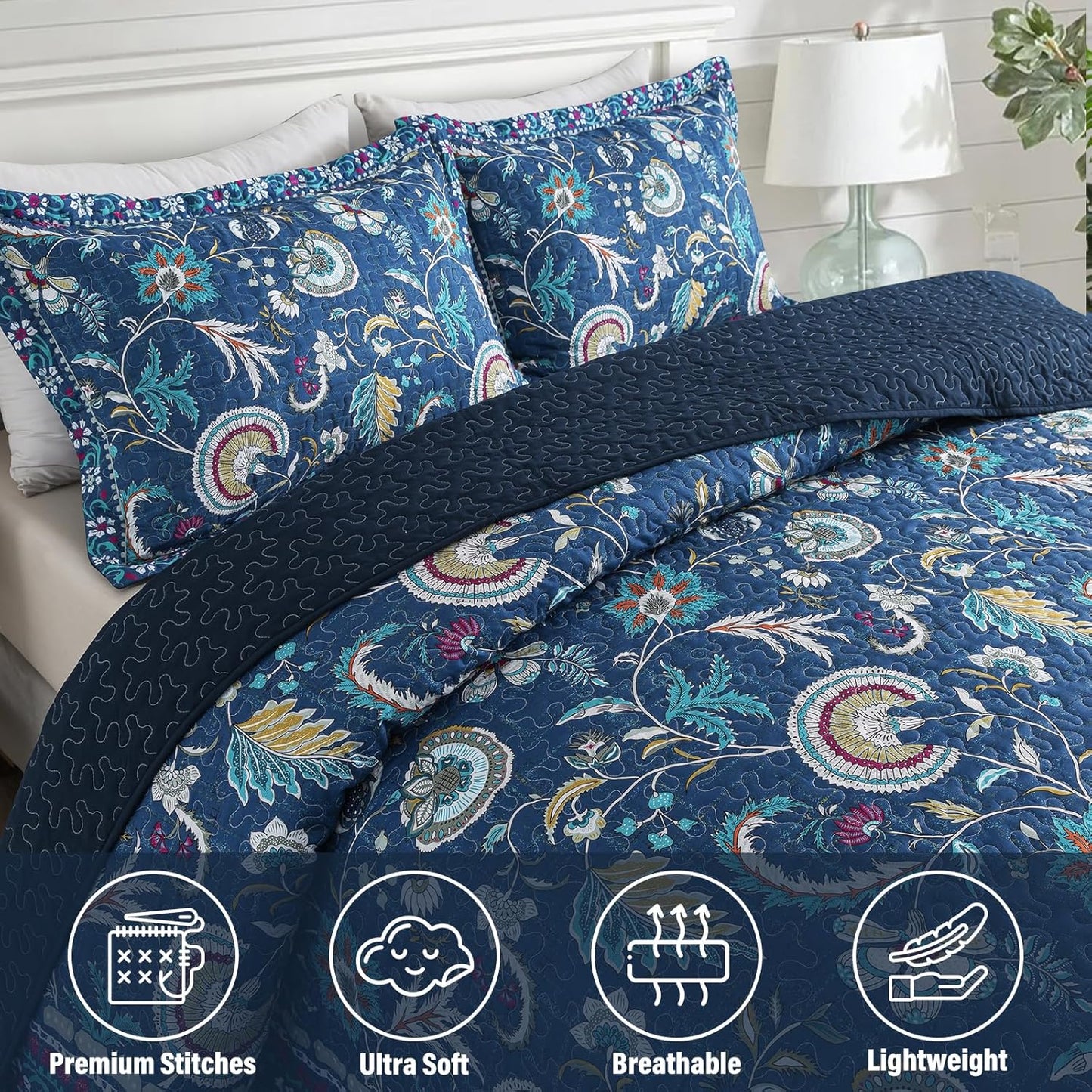 NEWLAKE Quilt Set King Size, Bedspread Sets Blue Botanical Floral Patterns, Reversible Quilt Bedding Set Lightweight and Breathable for All Seasons, Soft Quilted Bedspread with 2 Pillow Shams