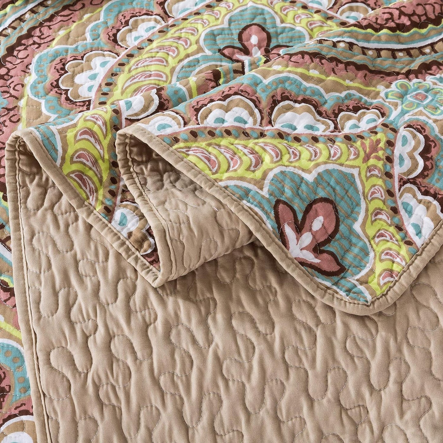 NEWLAKE Cotton Bedspread Quilt Sets-Reversible Patchwork Coverlet Set, European Paisley Blossom Pattern, King Size