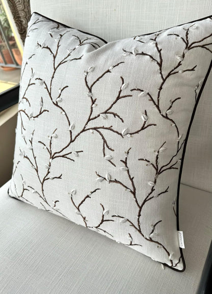 VAGMINE Embroidered Pussy Willow Throw Pillow Cover - 20x20 Inches Square - 100% Cotton Ivory Cushion Cover - Delicate Floral Stitchwork - Chic Home Accent for Sofa, Lounge, Rustic Farmhouse Décor