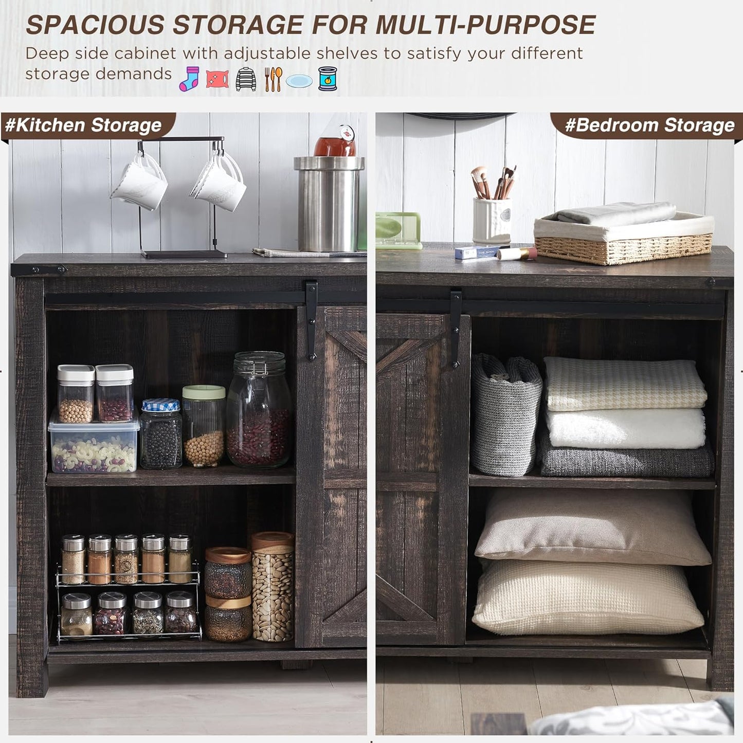 T4TREAM 60'' Farmhouse Dresser Chests for Bedroom w/4 Drawers & Sliding Barn Doors, Wide Dresser TV Stand, Tall Chest of Drawers, Rustic Dresser Organizer for Bedroom, Living Room, Dark Rustic Oak