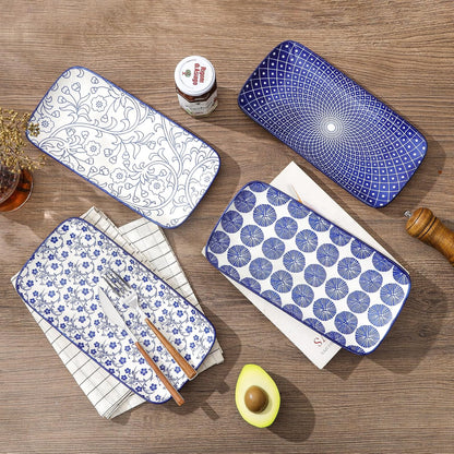 Selamica Ceramic Serving Platters, 14 Inch Serving Trays for Party Entertaining, Large Rectangular Serving Plates for Appetizer, Charcuterie, Dessert, Fruit, Set of 4, Vintage Blue