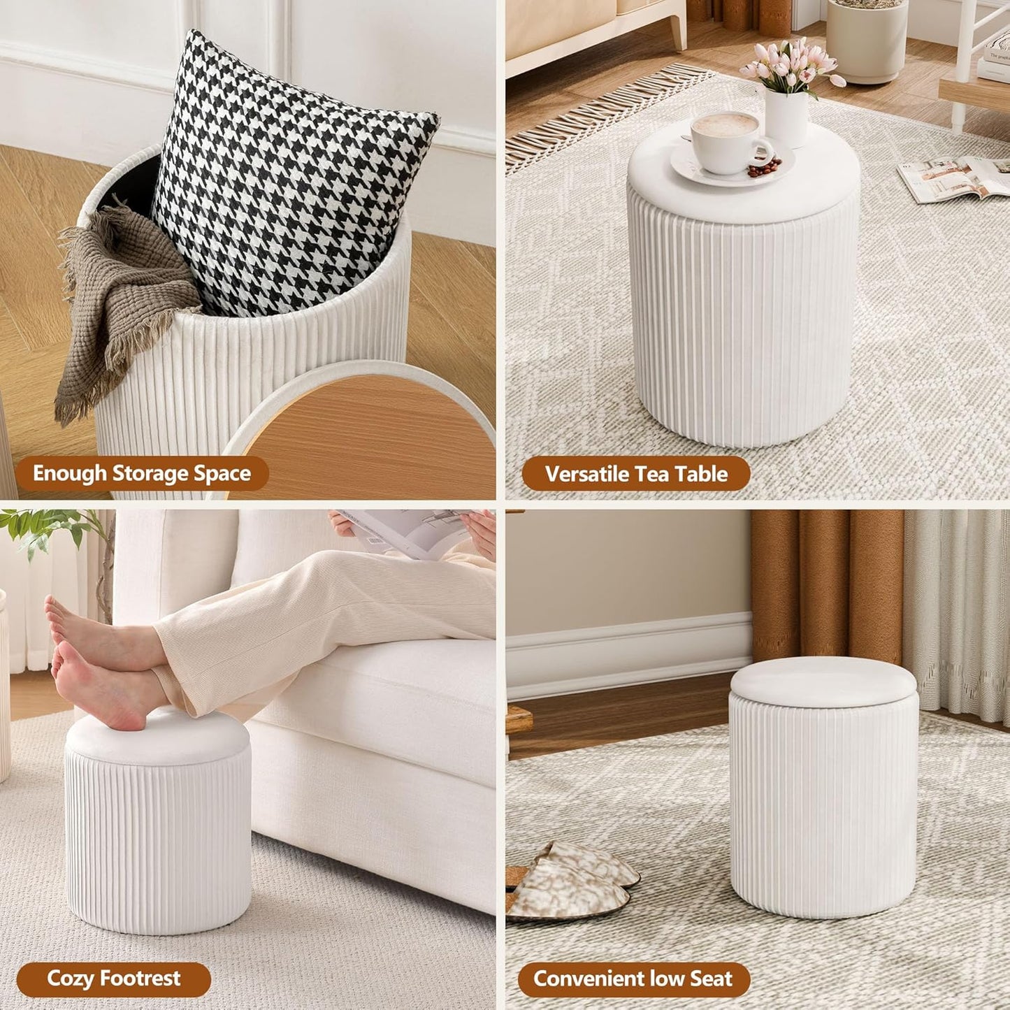 Ottoman with Storage Set of 2, Velvet Storage Ottoman, Upholstered Sponge Vanity Stool Support 300lbs, Multifunctional Coffee Table Foot Rest Ottomans for Living Room Bedroom, White