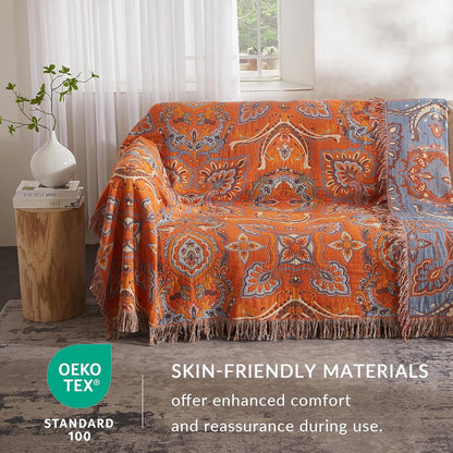 Boho Throw Blanket for Couch Sofa Bed, 100% Cotton Woven Quilt with Tassel 80”x90”, Super Soft Muslin Blanket with Oriental Universe Printed, Decorative Reversible Bed Blanket/Cover for All Seasons