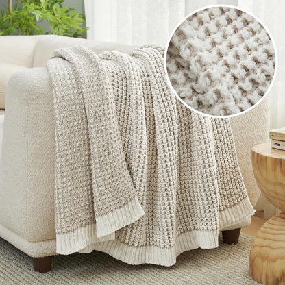 Amélie Home Chenille Waffle Throw Blanket for Couch, Reversible Pineapple Stitch Knit Soft Cozy Knit Blanket Lightweight Warm Decorative Throw for Sofa, Bed, Living Room, 50"x60", Beige&Ivory