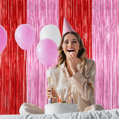 2 Pack Backdrop Curtains, 3.28 Feet x 7.05 Feet Red Pink Backdrop, Metallic Fringe Curtains Tinsel Backdrop Party Streamer, Babie Backdrop Happy Birthday Party Supplies Decorations