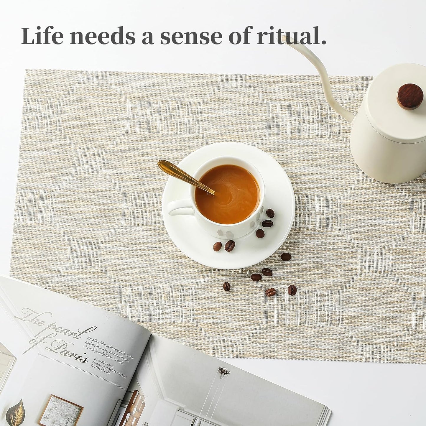 Leetaltree Wheat Placemats Set of 6 - Heat Resistant Non-Slip Place mats for Dining Table, Washable Durable PVC Vinyl Woven Table Mats（Wheat, 6）