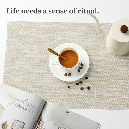 Leetaltree Wheat Placemats Set of 4 - Heat Resistant Non-Slip Place mats for Dining Table, Washable Durable PVC Vinyl Woven Table Mats（Wheat, 4）