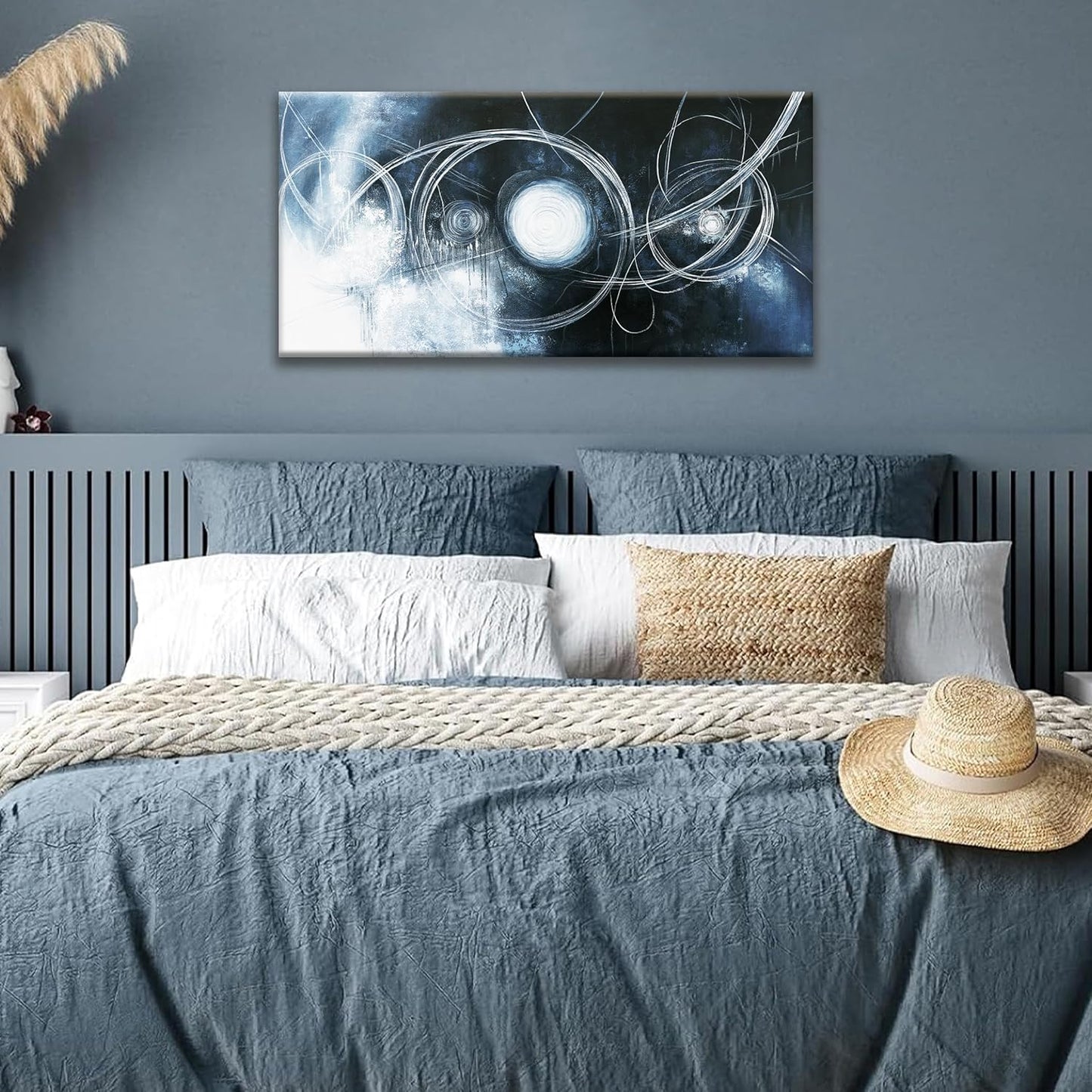 TAIJXAGSG Canvas Wall Art Decor Artwork Modern Paintings Dark Blue Wall Decorations Maximalist White Line Abstract Wall Art Prints For Wall Bedroom Kitchen Office Artwork Ready To Hang 20"×40"