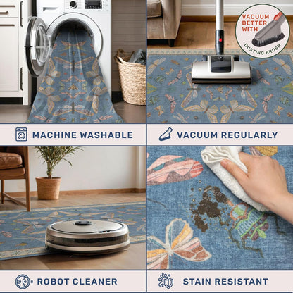 Modern Rugs for Living Room - 5x8 Moth Blue Carpet for Bedroom Under Bed, Girls Room Rug for Kids, Washable Non Slip Soft Floor Décor