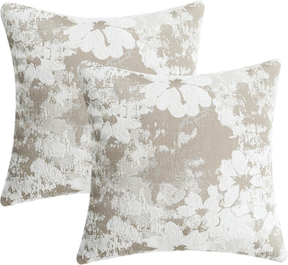 Jacquard Throw Pillow Covers 18x18 Inch Set of 2 - Vintage Floral Boho Pillow Cases with Botanical Pattern | Farmhouse Decor for Couch | Soft Textured Neutral Trio Light Khaki Warm Beige 18" x 18"