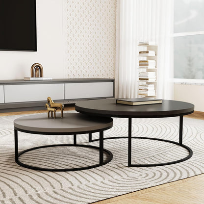 Modern Round Coffee Table Set, Nesting Cocktail Tables with Black Metal Legs, Dark Gray/Light Gray, Easy Assembly, 31.5/23.7 Inches, Perfect for Living Room, Bedroom, or Lounge