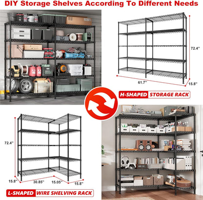 REIBII 5-Tier Heavy Duty Metal Wire Shelves, Industrial Style, 61.7"W x 72.4"H x 15.8"D, 1500 LBS Capacity, Adjustable, Rust Resistant, 2 Pack