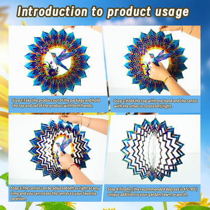 Hummingbird Wind Spinner,Hanging Wind Spinners Outdoor for Garden Decoration，15.7 inch 3D Stainless Steel Wind Sculpture for Indoor/Outdoor Decor