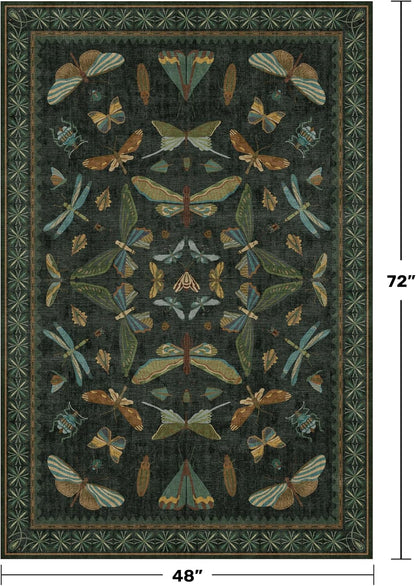Dark Green 4x6 Washable Area Rug for Living Room, Bedroom, Large Entryway, Kitchen, Ultra Soft Non Slip Stain Resistance, Floral Forest with Brown Aethestic Design