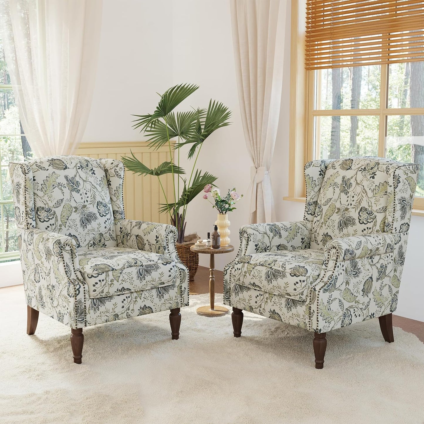 Lumibee Wingback Accent Chair, 2 Set High Back Floral Armchairs in Fabric,Comfy Upholstered Reading Single Sofa Chairs with Solid Wood Legs for Living Room,Bedroom,Office-Plants Beige