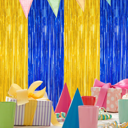 2 Pack Graduation Backdrop, 3.28 FT x 7.05 FT Class of 2025 Decorations, Blue Gold Fringe Curtains Tinsel Backdrop Party Streamer, Metallic Blue and Gold Graduation Decorations 2025