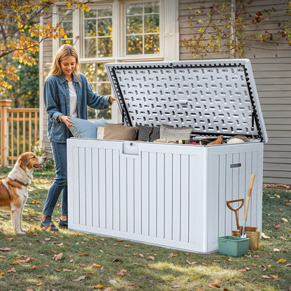 YITAHOME 200 Gallon Extra Large Deck Box, Double-Wall Resin Outdoor Storage Box with Flexible Divider for Patio Cushions Pool Supplies Garden Tools, 990 lbs Load Capacity, Lockable (White)