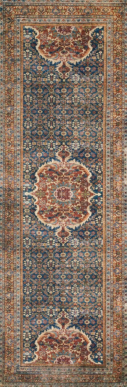Loloi Layla Collection LAY-09 Cobalt Blue/Spice 2'-6" x 7'-6" .13" Thick Runner Rug, Soft, Durable, Vintage Inspired, Distressed, Low Pile, Non-Shedding, Easy Clean, Printed, Living Room Rug