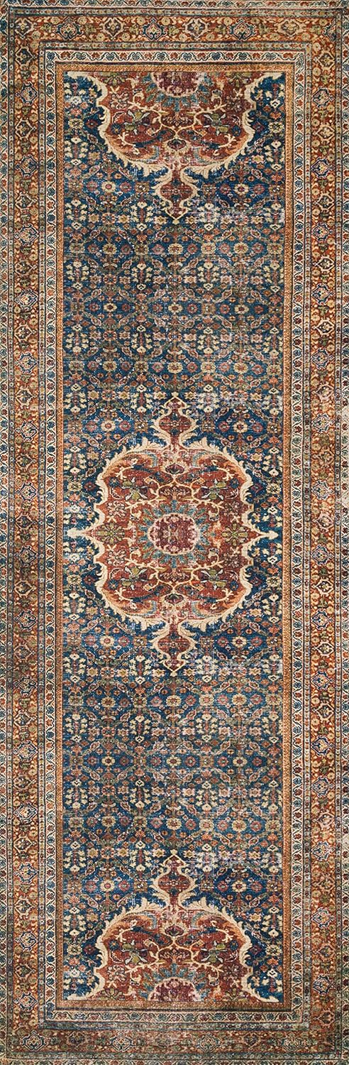 Loloi Layla Collection LAY-09 Cobalt Blue/Spice 2'-6" x 12'-0" .13" Thick Runner Rug, Soft, Durable, Vintage Inspired, Distressed, Low Pile, Non-Shedding, Easy Clean, Printed, Living Room Rug