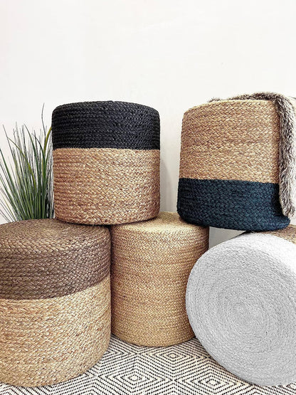 Jute Pouf Ottoman | Footrest Pouf | Hand Braided - Round Boho Pouffe - for Living Room, Bedroom, Nursery (16"x16"x16") Ivory