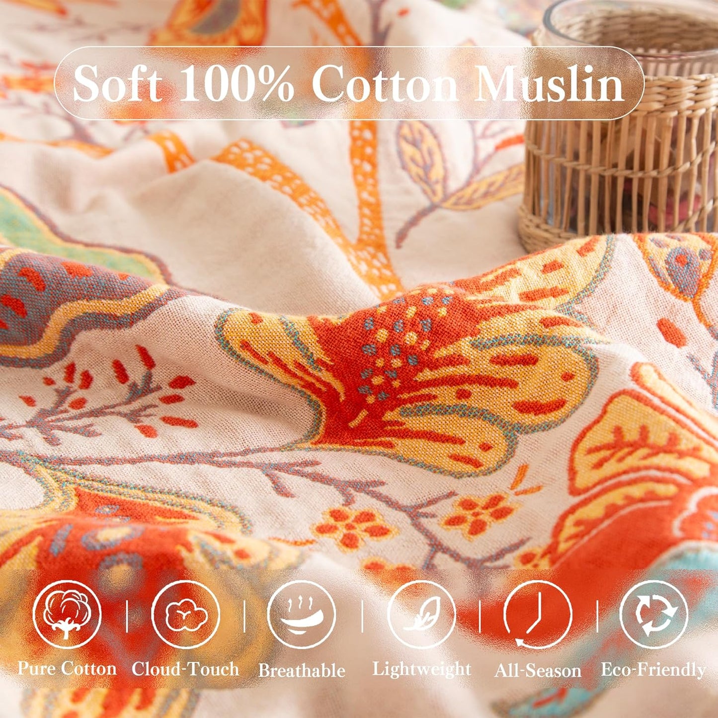 Boho Throw Blanket Twin Size, Soft Cozy Cotton Muslin Quilt Blanket for Bed Decor, Floral Patterned Couch Sofa Chair Cover, Vintage Farmhouse Cottage Tapestry Woven Blanket, Coral&Green