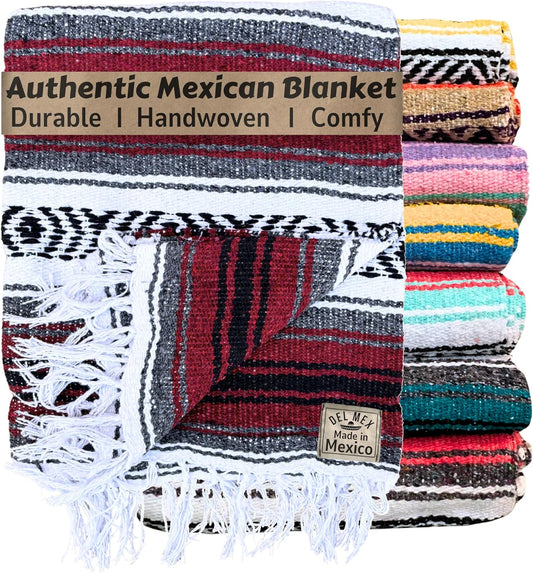 Del Mex Classic Mexican Blanket, Large Authentic Woven Falsa Throw (70"x50"), Artisan Southwest Décor for Beach, Yoga, Outdoors (Burgundy)