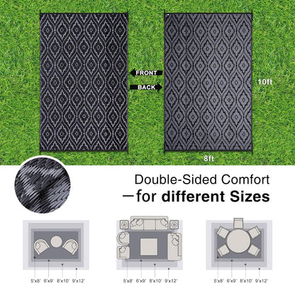 OLANLY Outdoor Rug 8x10 ft Waterproof, Outdoor Plastic Straw Rug with Geometric Pattern Clearance, Reversible RV Mat for Patio, Camping, Balcony, Deck, Backyard, Black & Grey