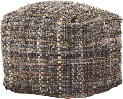 GDFStudio Boho Handmade Fabric Cube Pouf Ottoman Foot Stool - Bean Bag Floor Chair - Foot Rest Couch for Living Room Bedroom Khaki,16" x 16" x 16"