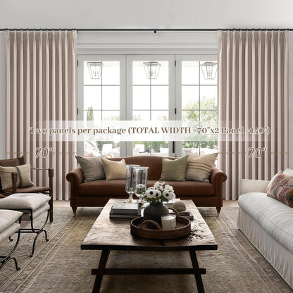 Pinch Pleated Flax Linen Blackout Extra Wide Curtain Panels for Living Room/Sliding Glass Door, Thick Burlap Memory Trained Window Drapes Insulated with Back Tab Dining Room (70"Wx102"Lx2 Panels)