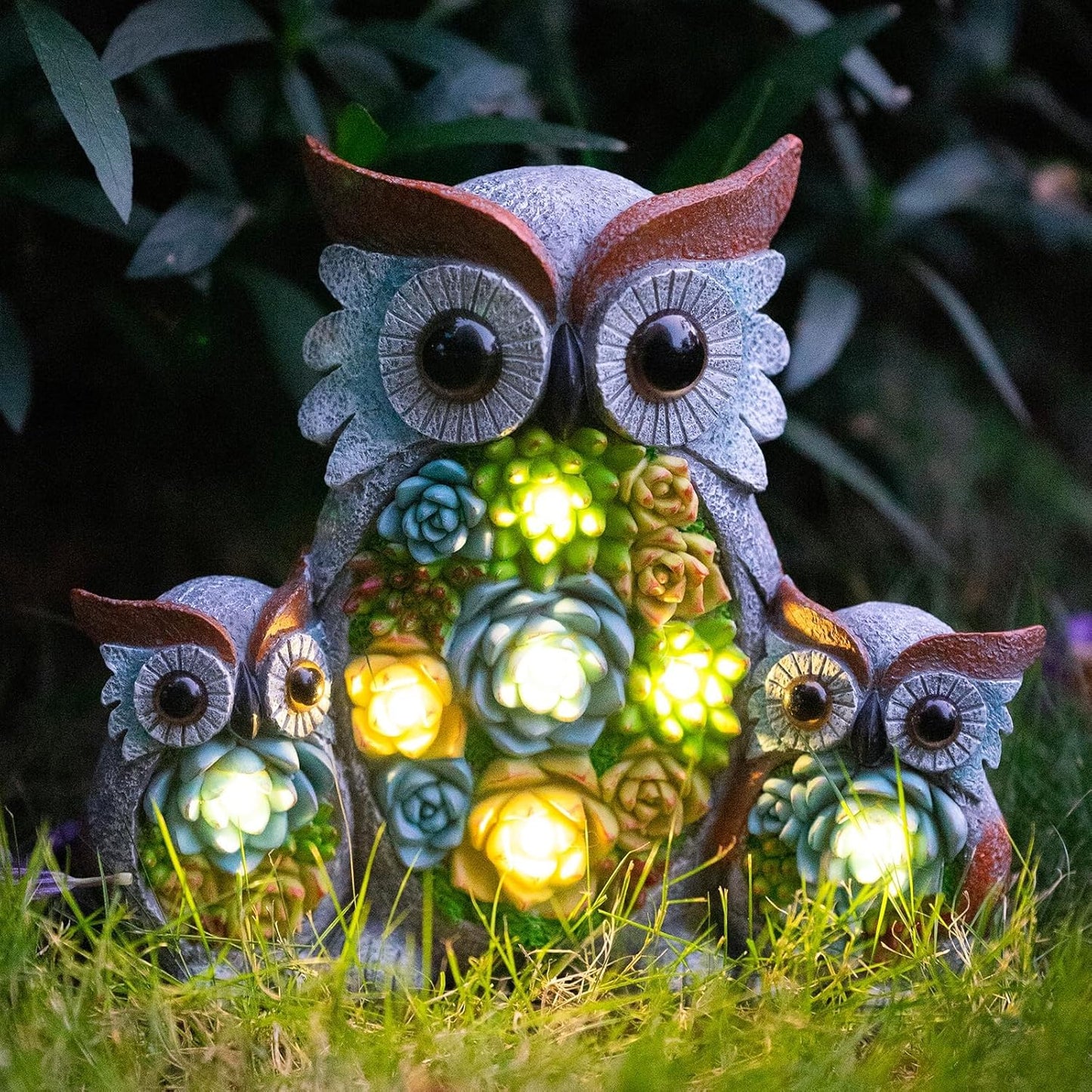 Solar Garden Statue Lights Owl Figurine with LED Lights, Outdoor Garden Succulent Ornaments, Mothers Day Mom Gifts for Outside Patio Yard Lawn Decor
