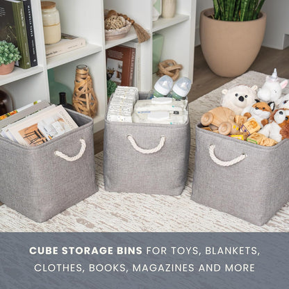 OrganiHaus 11x11 Cube Storage Bins 4 Pack, Foldable Cube Storage Organizer w/ Rope Handles, Collapsible Fabric Bins for Toys, Clothes & Closet Organization, Fabric Square Baskets - Gray