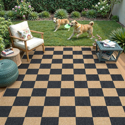 Lahome Checkered Easy Jute Area Rug, 5x7 Outdoor Patio Rug Washable Carpet for Living Room Checkerboard Indoor Outdoor Carpet, Farmhouse Geometric Non Slip Black Mat for Backyard Dining Room