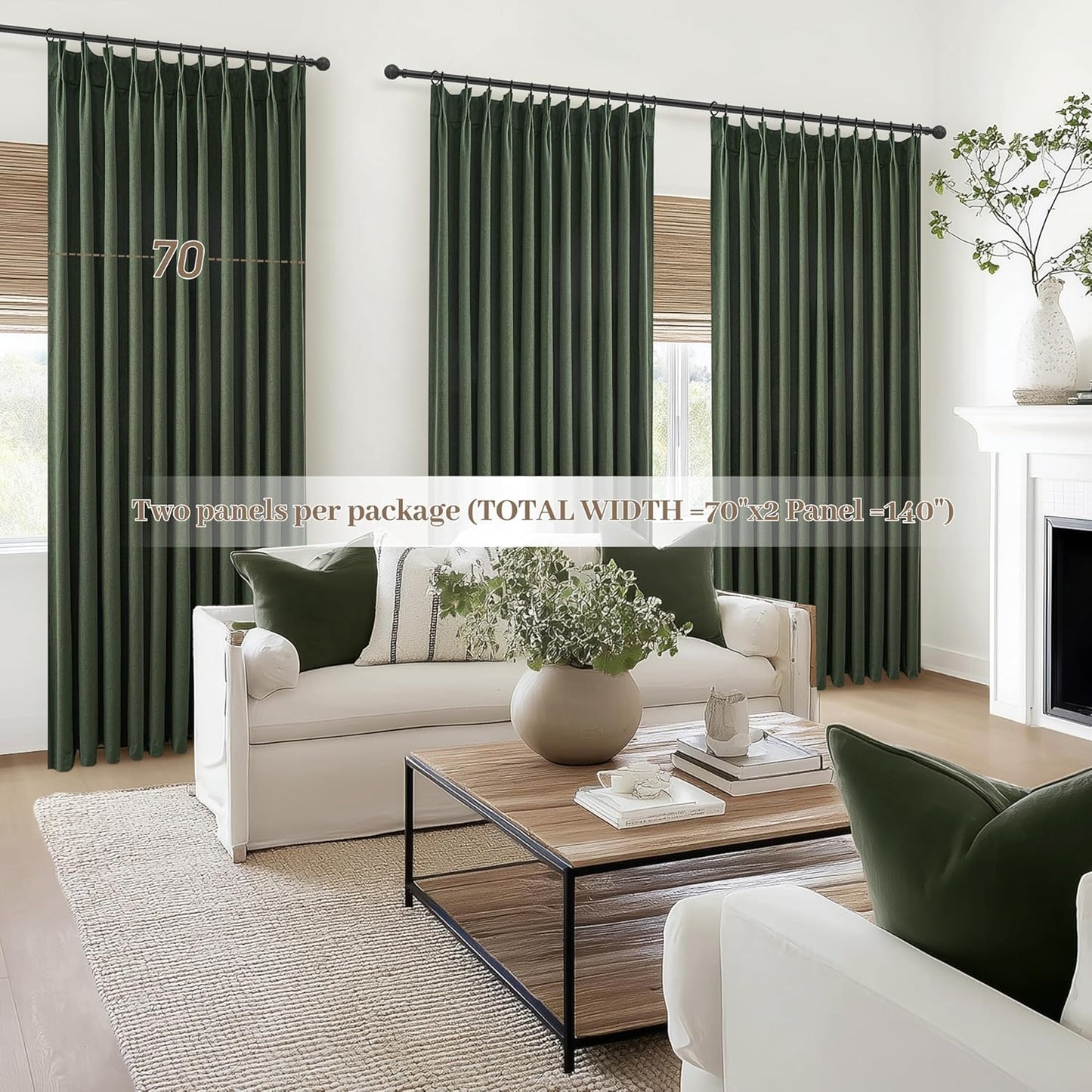 Curtains 70 Inch Length Extra Wide Pinch Pleated Blackout Curtain for Sliding Glass Door/Living Room, Farmhouse Olive Green Thick Heavy Duty Insulated Large Window Drapes (70"Wx90"Lx2Panels Loden)