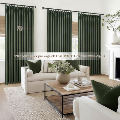 Pinch Pleated Blackout Curtains 70 Inches Extra Wide for Living Room, Sliding Glass Door Linen Blend Olive Green Viral Large Window Thick Heavy Duty Thermal Soundproof Drapes(70"Wx96"Lx2Panels Loden)