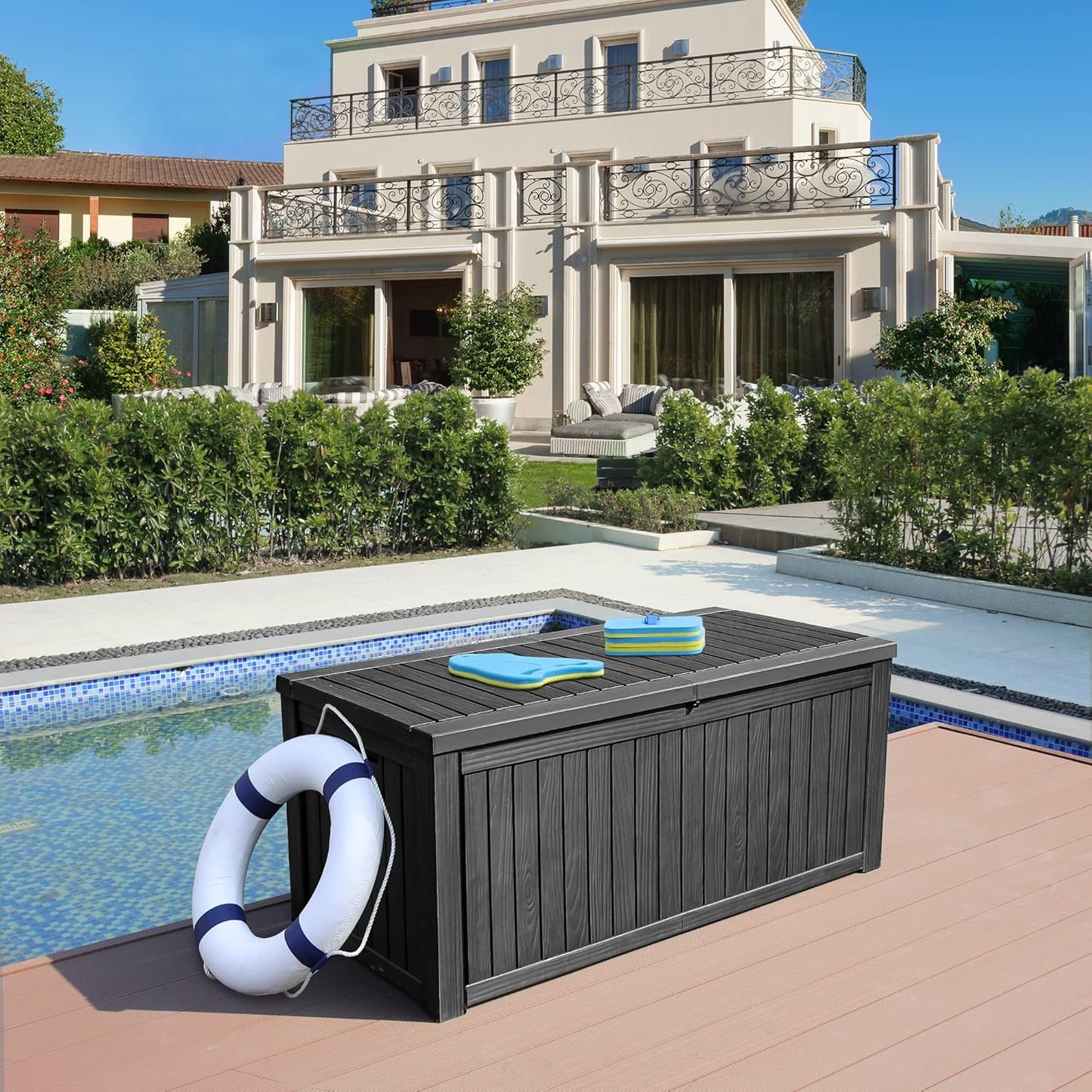 YITAHOME 150 Gallon Large Deck Box w/Divider, XL Waterproof Outdoor Storage for Patio Furniture,Outdoor Cushions, Garden Tools, Sports Equipment and Pool Supplies, Resin, Lockable, Black