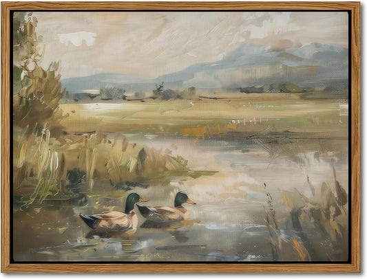 Floating Framed Canvas Wall Art, Vintage Mallard Duck Oil Paintings Print, Countryside Art Wildlife Nature Pond Wall Decor for Living Room, Bedroom, Office, Rustic Decor 8x10 inch