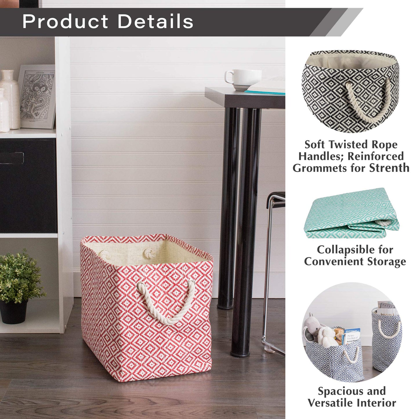 DII Woven Paper Storage Bin, Geo Diamond, Gray, Medium Rectangle