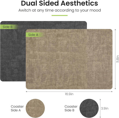 Faux Leather Dual Sided Placemats Set of 4, Square Non-Slip Heat Resistant Placemats with Coaster, Reversible wipeable Waterproof Table Mats for Kitchen, Dining, Outdoor (4, Black Light Coffee)