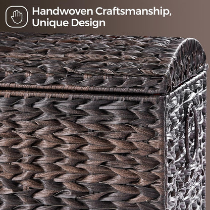 Handwoven Storage Basket with Lid, 178L Plastic Rattan Storage Bin, Leather Buckle & Metal Frame, Large Metal Ring Handles, Storage Trunk for Bedroom, Laundry Room