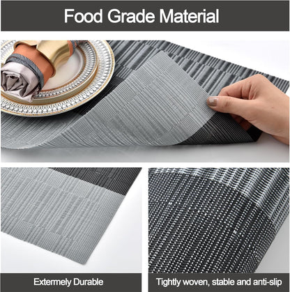 Placemats Set of 4 - Washable Easy Clean Vinyl Placemats - Heat Resistant PVC Place Mats for Dining Table - (Black and Gray, 4)