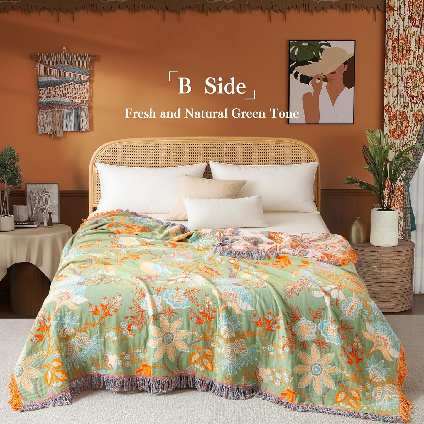 Boho Throw Blanket Twin Size, Soft Cozy Cotton Muslin Quilt Blanket for Bed Decor, Floral Patterned Couch Sofa Chair Cover, Vintage Farmhouse Cottage Tapestry Woven Blanket, Coral&Green