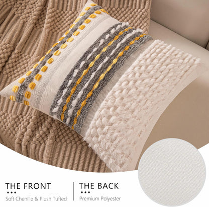 Boho Chenille Tufted Couch Throw Pillow Covers 18x18 Inch Set of 2 Farmhouse Striped Decorative Pillow Covers Accent Neutral Pillowcase Grey Yellow Cushion Cover for Living Room Sofa Bed