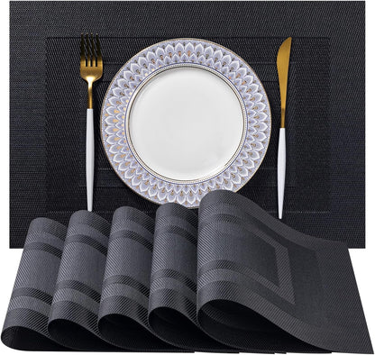 LEXMORE Placemats Set of 6 Vinyl/Plastic Woven Place Mats for Kitchen Table Indoor/Outdoor Washable Placemat Wipeable Dining Table Mats(G-Black Cube)