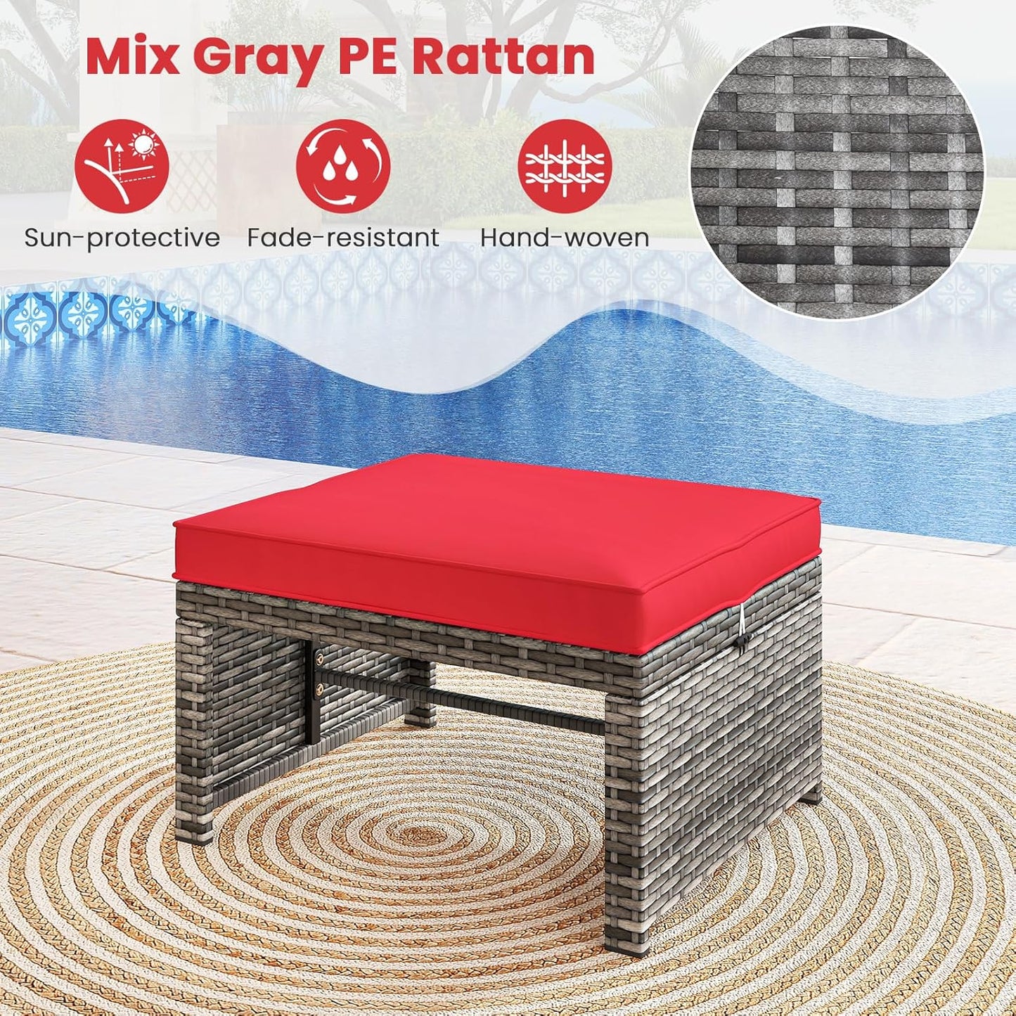 Tangkula 2 Pieces Patio PE Rattan Ottomans, Multipurpose Outdoor Footstool Footrest Additional Seating Side Table with Soft Zippered Cushions for Deck, Garden, and Yard (Red)