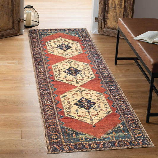 Keen Home Design 2x12 Rug - Machine Washable Runner with Non-Slip Backing, Ideal for Hallway, Entryway, Kitchen, Laundry Room - Vintage, Easy Clean, Durable, Low Pile Rug - (2'6" x 12')