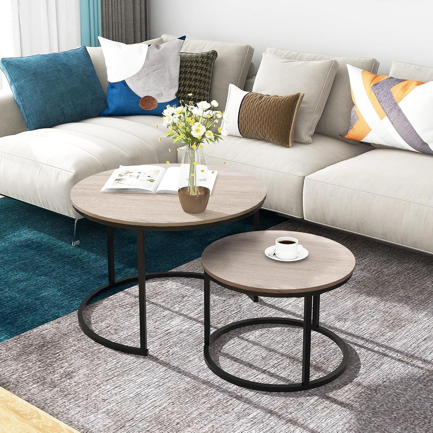 Round Coffee Tables Nesting Side Set of 2 End Tables for Living Room,Round Table with Solid Powder-Coated Metal Frame Natural Wood Color